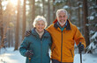 © Viktor - Active senior couple smiles at camera in winter forest. Man hugs woman. They wear warm clothes, enjoy nature on sunny day. Man, woman walk with poles on snow. Healthy old people love hiking outdoors.