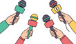 © Rahim - Isometric vector of multiple hands holding vibrant microphones for interview or media briefing, isolated on transparent background.