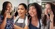 © Lawrenson25/peopleimages.com - Composite, phone call and women with talking in workplace, communication and networking with smile. Diversity, conversation and happy people with mobile app for contact, collage and connectivity