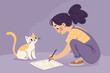 © artvector - Young artist girl sketching beloved feline companion's detailed portrait, a tender moment of creative connection.