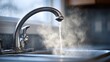 © sungedi - Chrome kitchen faucet dispensing a stream of very hot water creating visible steam over the basin