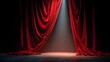 © sungedi - Dramatic heavy velvet drapery opens revealing an empty illuminated stage floor