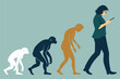 © artvector - Human evolution chart showing primate ancestry culminating in a hunched, unfulfilled modern human, stark societal progression.