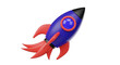 © Farid - 3D render of a vibrant blue and red rocket taking off, symbolizing business growth, startup launch, technological advancement, and future success