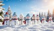 © ABSTRACTARTWORK - Winter wonderland celebration cheerful snowmen in a snowy forest holiday scene bright daylight whimsical mood playful atmosphere