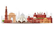 © rohim - A vivid illustration displays Delhi landmarks including the Lotus Temple Qutub Minar India Gate Red Fort