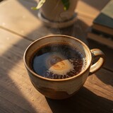 Cozy Golden Hour Macro of Steaming Black Coffee in Artisanal Ceramic Mug on Rustic Wood Table, Appetizing Beverage for Morning Comfort