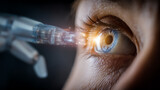 A close-up of a futuristic eye treatment showcasing advanced technology and precision in medical procedures.
