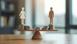 © Pete - Image represents pay equity and wage fairness. Wooden figures of woman and man stand on balanced scales. Coins depict equal compensation in workplace. Financial equality business concept.
