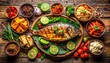 © Iim - The image shows a dish of grilled fish served on a banana leaf, surrounded by various side dishes, spices, and fresh ingredients on a rustic wooden table. l