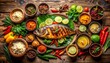 © Iim - The image shows a whole grilled fish served on a banana leaf, surrounded by various herbs, spices, and accompaniments on a rustic wooden table.  Surrounding the fish aret
