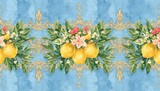 Seamless watercolor design featuring lemons and ornate baroque motifs, suitable for background use