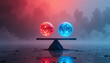 © Shelvina - Balanced Spheres in a Misty Landscape Representing Opposing Forces and Harmony