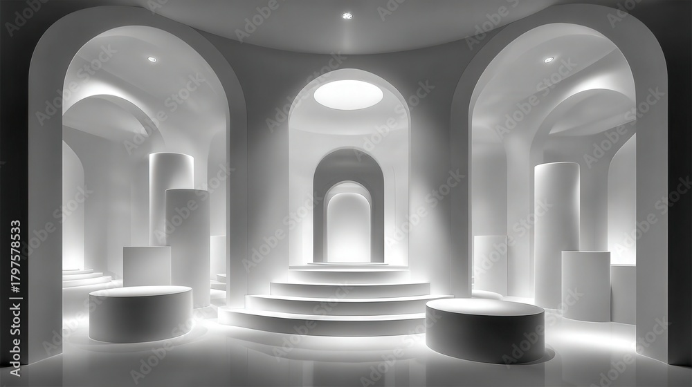 A serene space features glowing white structures, elegant arches, and circular platforms. Soft light enhances the minimalist design, creating a calm and inviting atmosphere.