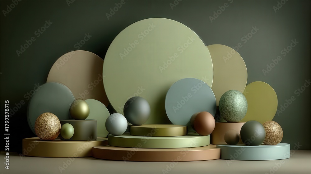This scene showcases a collection of circular and spherical shapes in neutral and metallic colors. The arrangement features various sizes, creating a visually pleasing abstract design.