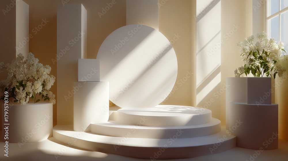 A serene space featuring a circular backdrop and white geometric structures. Soft sunlight filters through large windows, illuminating floral accents that enhance the calm atmosphere.