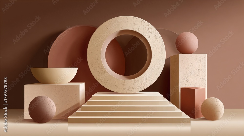 A modern arrangement of geometric forms in warm earth tones is displayed.