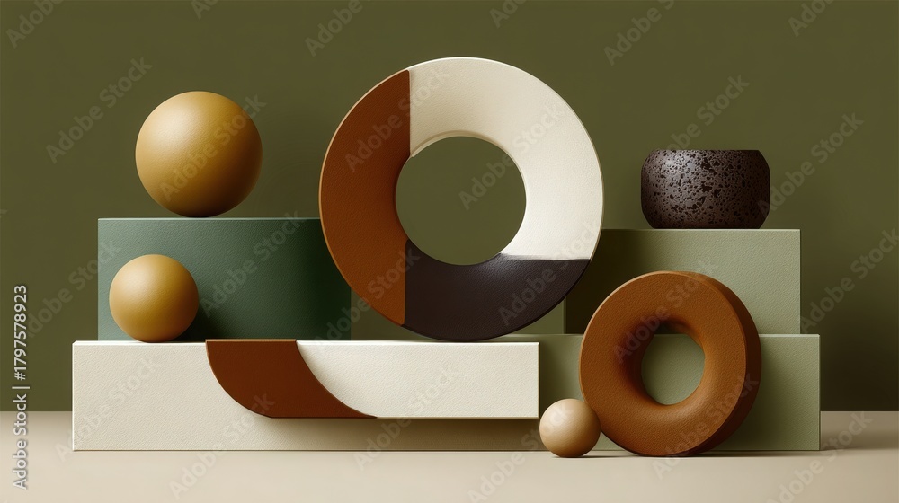 A collection of abstract, geometric shapes in warm earth tones arranged on minimalist platforms. The scene showcases different textures and forms, highlighting simplicity and creativity.