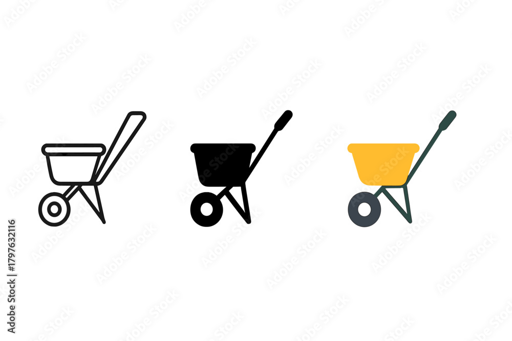 Three different types of wheelbarrows are shown in the image. The first ...