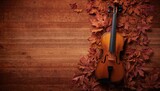 Miniature violin surrounded by autumn maple leaves, suitable background for music-themed projects