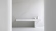 © AkuAku - Modern white bathroom table featuring marble containers, ideal for minimalist design