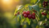 Vibrant Red Cherries Hanging From A Branch In A Garden During Early Summer, Harvest Preparation