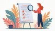 © Pete - Woman examines paper document with magnifying glass. Checklist ticks verify tasks complete. Creative concept for research analysis and business workflow.