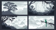 © Rubel - Monochromatic pixel art illustrations of a misty cloud forest with mossy trees, lush ferns, mountain views, and a quetzal bird.