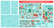 © Lexi Claus - Christmas village map or scene creator. Set of cartoon elements for constructing winter holiday activity page. Vector New Year clipart with roads, fir tree, Santa Claus, houses, fair, animals, elves