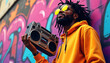 © Pete - Stylish young adult Black man with long dreadlocks wears bright yellow round sunglasses, orange hoodie. Confidently holds retro vintage boombox ghetto blaster radio by colorful vibrant street art