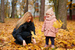 © khmelev - mother and child enjoying autumn park, surrounded by fallen leaves. woman kneels gathering foliage as toddler in pink coat holds large leaf. warm tones and seasonal ambiance depict family bonding.