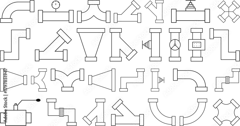 Industrial pipe fittings and plumbing connector illustrations designed ...