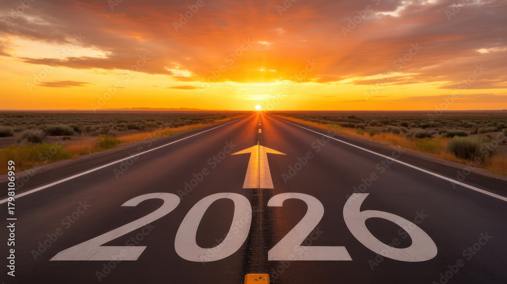 Foto de Stock Road to 2026 with an empty road with written 2026 and ...