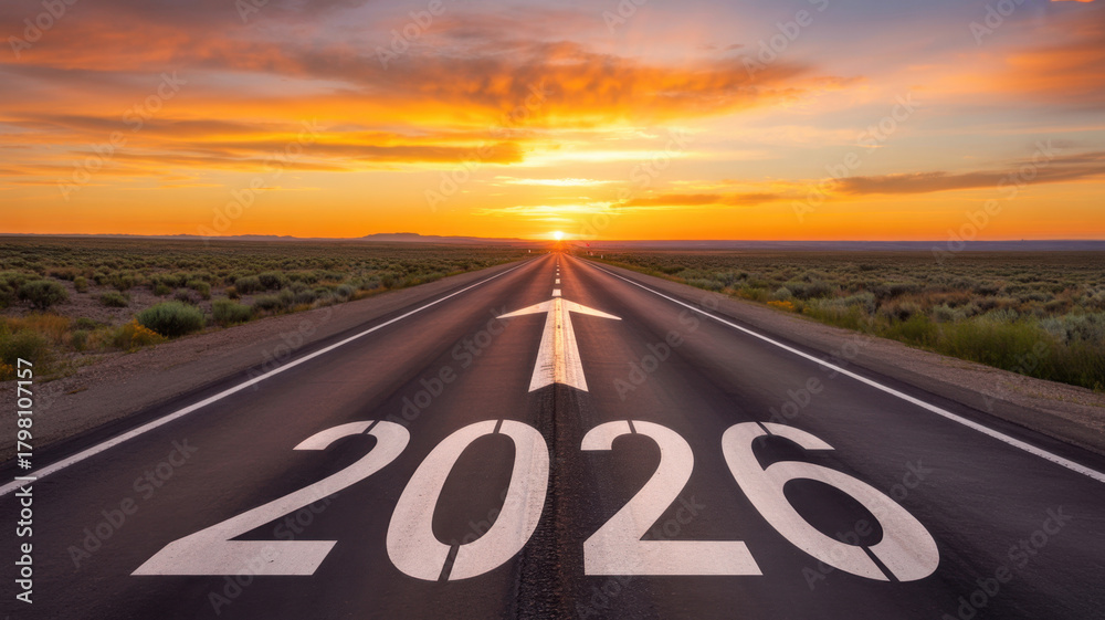 Road to 2026 with an empty road with written 2026 and arrow pointing ...