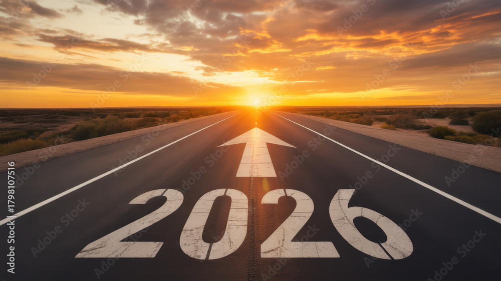 Photo Stock Road to 2026 with an empty road with written 2026 and arrow ...
