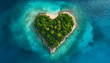 © wolfelarry - Heart shaped island with green trees and palm trees surrounded by clear blue ocean water. Aerial view of tropical paradise island.