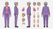 © emiloo - Elderly woman character model sheet with front, side, and back views for animation or game design.