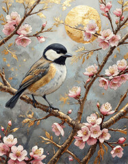 Naklejka na meble bird on a branch with flowers novuschroma style glitter