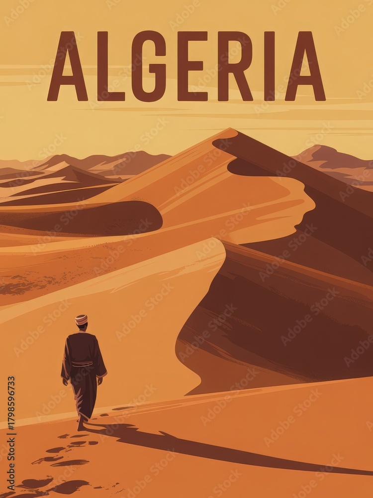 A lone figure in traditional attire walks across vast, golden sand dunes in Algeria during sunset. The warm hues illuminate the landscape, creating a tranquil yet majestic atmosphere.
