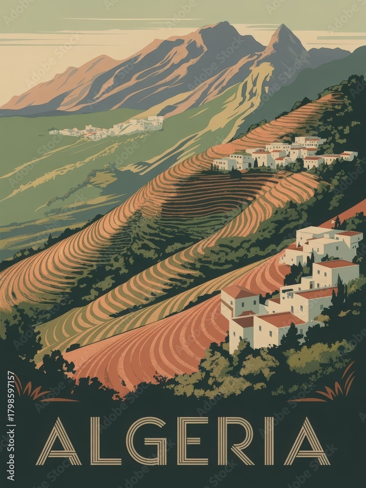Stunning terraced fields line the hills of Algeria, with quaint white buildings nestled in the landscape. Majestic mountains rise in the background, creating a serene and picturesque scene.