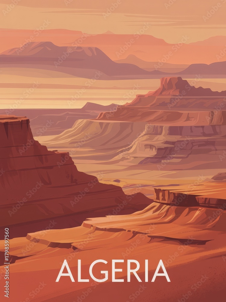 Vibrant sunset casts warm hues over the vast desert in Algeria. Rugged rock formations and distant mountains create a serene and captivating scene, highlighting the beauty of nature at dusk.
