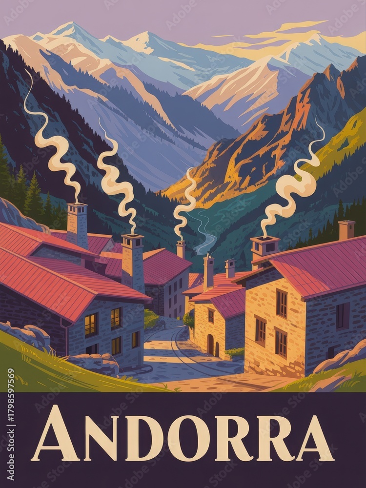 A picturesque village nestled in Andorras mountains showcases stone houses with red roofs. Smoke rises from chimneys as the sun sets, casting warm colors over the scenery.