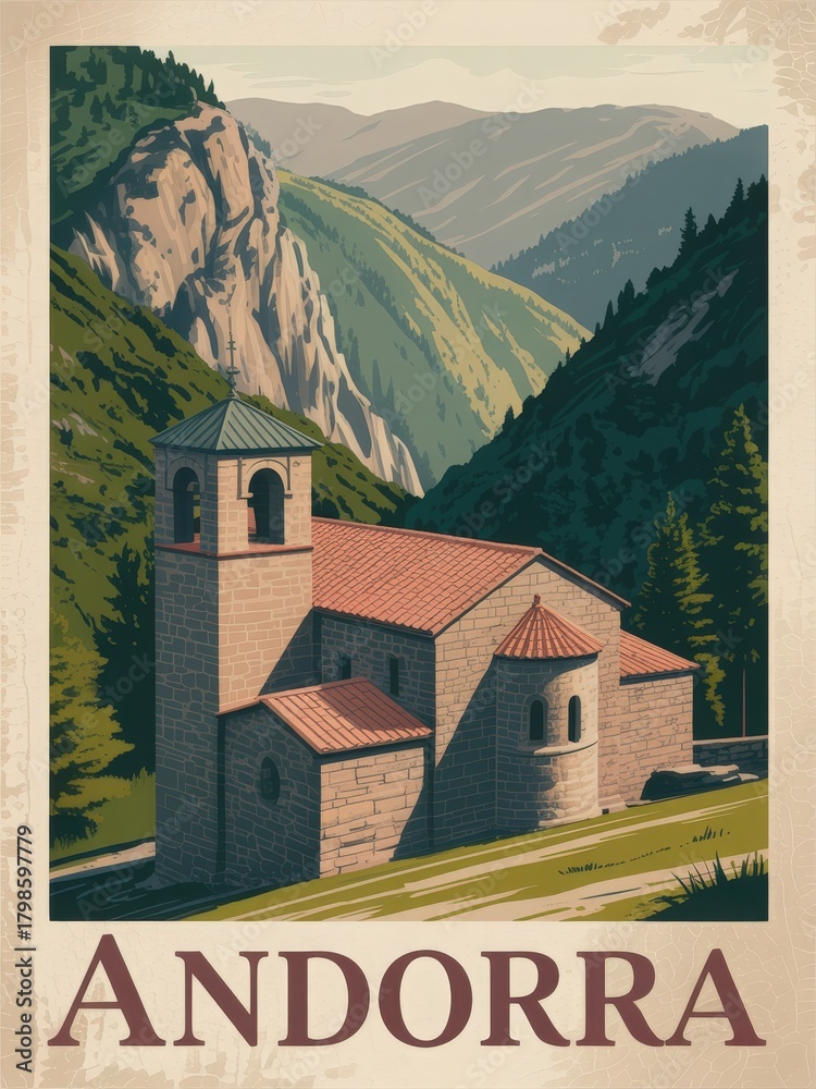 A historic church stands peacefully in the mountains of Andorra, surrounded by tall green trees and steep hills. The building features a stone facade and a red-tiled roof, evoking tranquility.