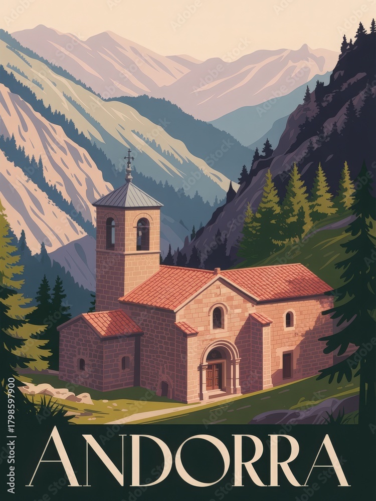 A serene church stands in the mountainous landscape of Andorra, surrounded by lush greenery and towering peaks. The scene captures the peaceful coexistence of architecture and nature.
