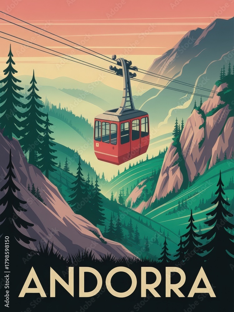 A striking cable car ascends through rugged mountains in Andorra. Lush green forests and rocky terrain surround the tranquil landscape at sunset, creating a serene and picturesque scene.