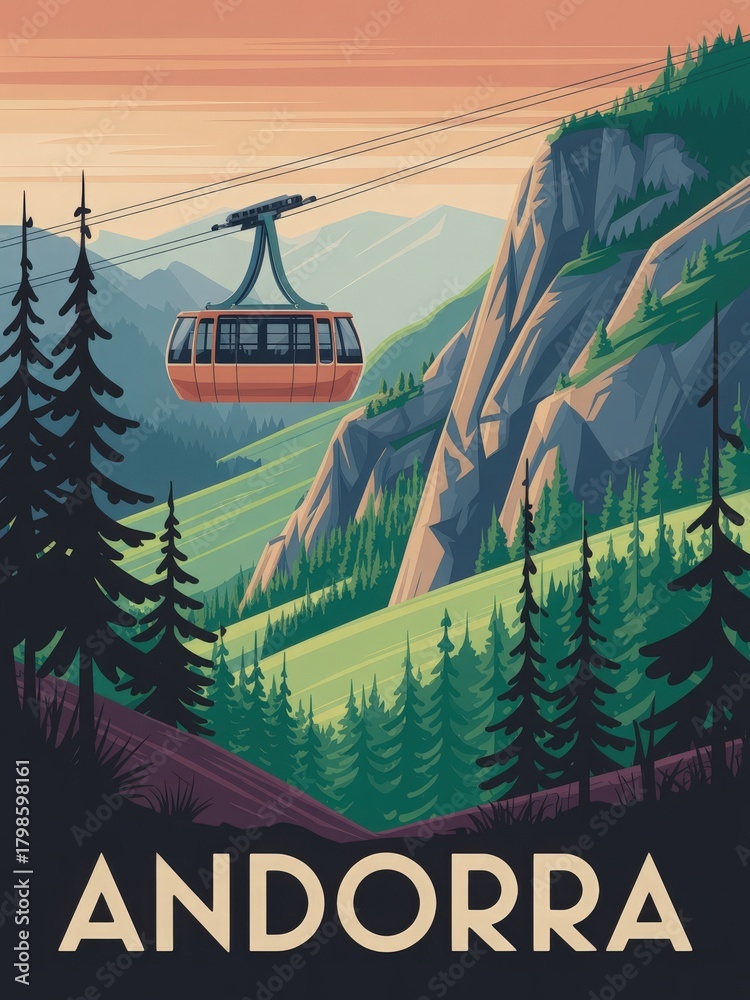 A cable car glides over green slopes and rocky mountains in Andorra during sunset. Tall trees frame the view, highlighting the tranquil beauty of nature and the landscape.