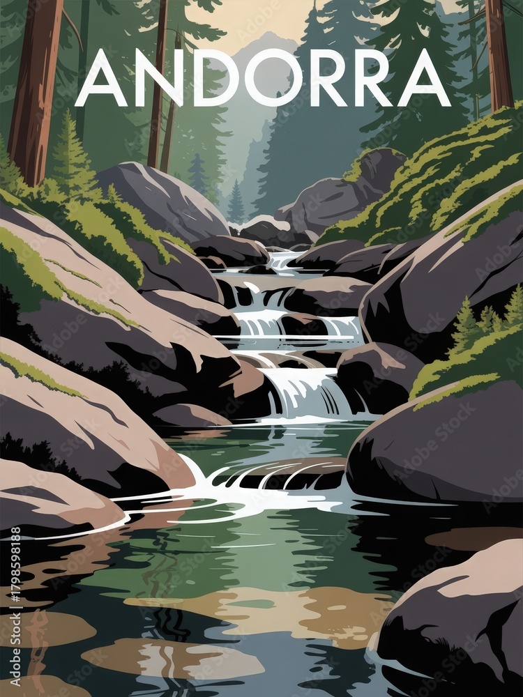 A serene river gently flows between large rocks under the towering trees in Andorra. The lush greenery surrounds the water, creating a peaceful natural scene, perfect for nature lovers.
