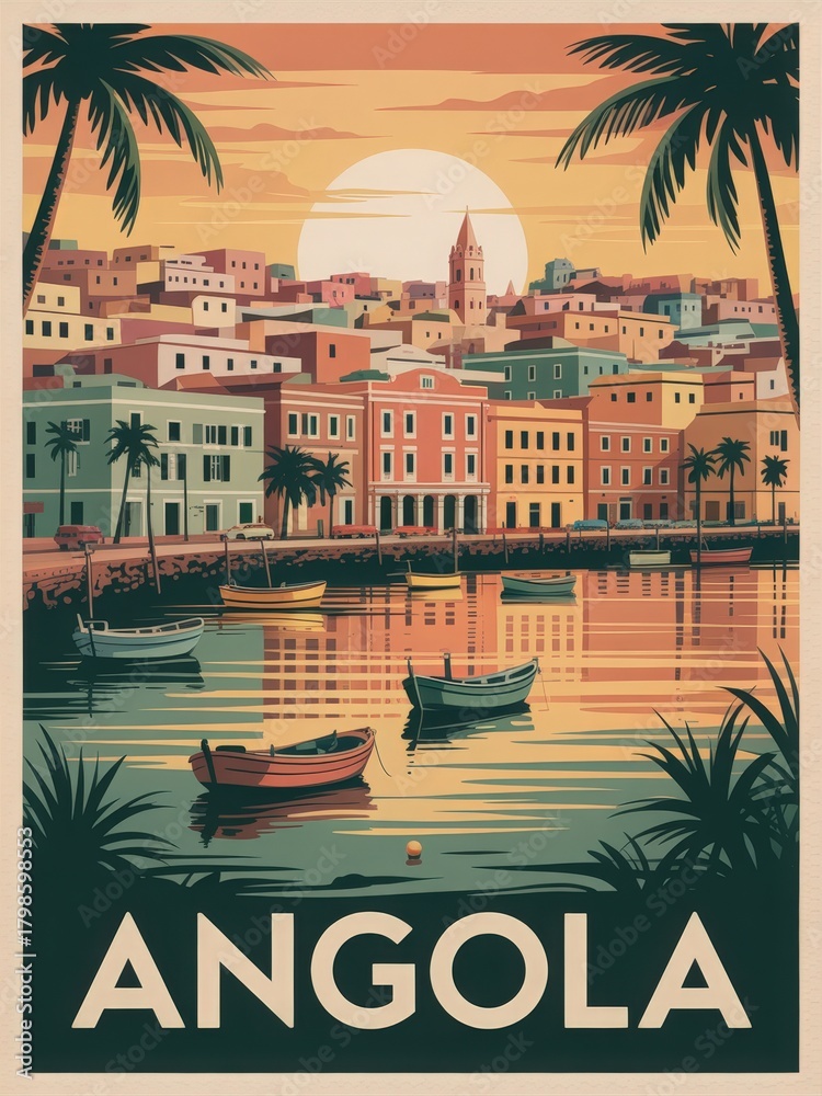 A beautiful coastal scene in Angola shows a vibrant town at sunset. The sky is filled with warm colors as boats drift in calm waters, creating a peaceful atmosphere.