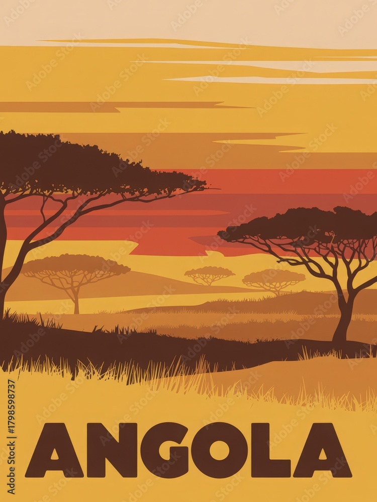 A stunning view features a warm sunset illuminating the African landscape. Silhouettes of acacia trees dot the horizon, creating a serene atmosphere representative of Angolas natural beauty.