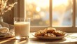 © ega - Warm sunlight illuminates a plate of chocolate chip cookies and a glass of milk on a wooden table near a window, evoking a cozy, homey atmosphere